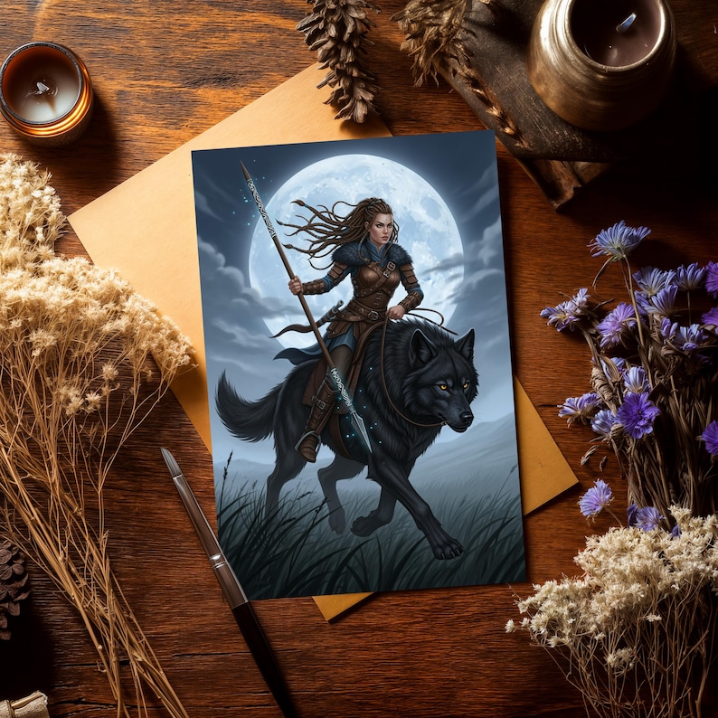 Dynamic fantasy character artwork of a strong female warrior riding a giant black wolf in moonlit grasslands. Atmospheric action scene, heroic and emotional mood. Ideal for book cover art, fantasy adventure stories, OC commissions, warrior character portraits, and high-detail digital illustration.