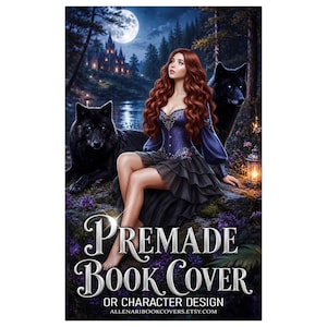May include: A digital illustration of a person with long wavy auburn hair wearing a purple corset and dark skirt, seated between two large black wolves in a forest at night. A castle, full moon, and lantern are visible. Text reads PREMADE BOOK COVER.