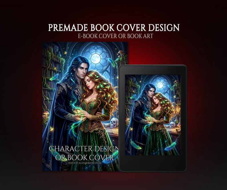 Dark academia book art of an intimate couple. A dark-haired man and a woman in a green gown hold glowing magic. Original fantasy character design set in a gothic magical library with potions, a skull, floating feathers, and a full moon.