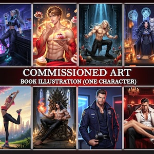 Puede incluir: Ocho ilustraciones digitales que muestran diversos personajes. La obra de arte incluye una mujer futurista, un hombre con un pastel, una figura musculosa, una mujer con un gato, una mujer haciendo yoga, un hombre en un trono, un oficial de policía y un hombre con un abrigo rojo. El texto dice "COMMISSIONED ART BOOK ILLUSTRATION (ONE CHARACTER)".