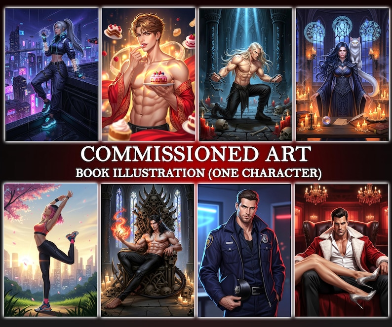 Custom Book Art - One Character Illustration - Romantic/Fantasy Style - OC Commission Digital Portrait for DND or Book Cover

Showcase collage of custom fantasy character illustrations, featuring diverse atmospheric scenes including romance, action, magic, modern and medieval settings. High-detail digital painting style for book covers, OC portraits, DnD characters, and story-driven artwork commissions.