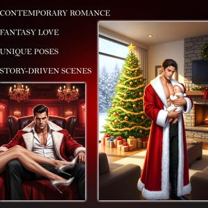 A detailed fantasy romance character illustration featuring a handsome man in a luxurious red winter coat holding a baby beside a glowing Christmas tree and fireplace. Emotional, warm, story-based digital art suitable for book cover design, character commission, holiday romance artwork, and novel illustration.