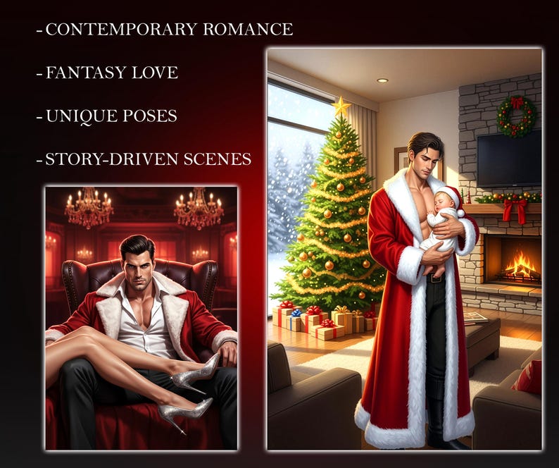 A detailed fantasy romance character illustration featuring a handsome man in a luxurious red winter coat holding a baby beside a glowing Christmas tree and fireplace. Emotional, warm, story-based digital art suitable for book cover design, character commission, holiday romance artwork, and novel illustration.