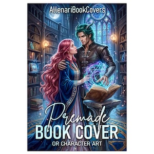 May include: A premade book cover or character art featuring a couple in a library setting. The woman has long pink hair and wears a blue dress. The man has green hair and is wearing a black leather jacket. The cover includes the text "Premade Book Cover or Character Art."