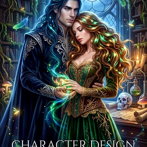 Dark academia book art of an intimate couple. A dark-haired man and a woman in a green gown hold glowing magic. Original fantasy character design set in a gothic magical library with potions, a skull, floating feathers, and a full moon.