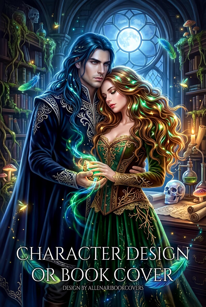 Dark academia book art of an intimate couple. A dark-haired man and a woman in a green gown hold glowing magic. Original fantasy character design set in a gothic magical library with potions, a skull, floating feathers, and a full moon.