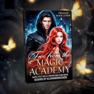Gotowa, unikalna okładka książki z parą fantasy – mężczyzna i kobieta, uczniowie Magic Academy, romantyczny projekt e-booka i książki w miękkiej oprawie, fantazyjna sztuka