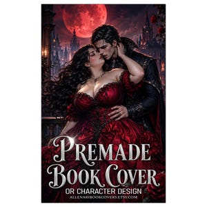 May include: A digital illustration of a couple in a gothic setting with a red moon and castle. The woman wears a dark red gown, and the man is in black attire. Text reads: PREMADE BOOK COVER OR CHARACTER DESIGN ALLENARIBOOKCOVERS.ETSY.COM.