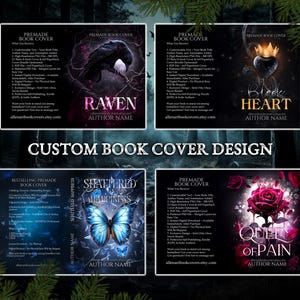 Puede incluir: Cuatro portadas de libros prefabricadas con temas de fantas&iacute;a oscura. Las portadas presentan un cuervo, un coraz&oacute;n negro con una corona, una mariposa y una rosa. Cada portada incluye el t&iacute;tulo del libro, el nombre del autor y una lista de las caracter&iacute;sticas incluidas en la compra.