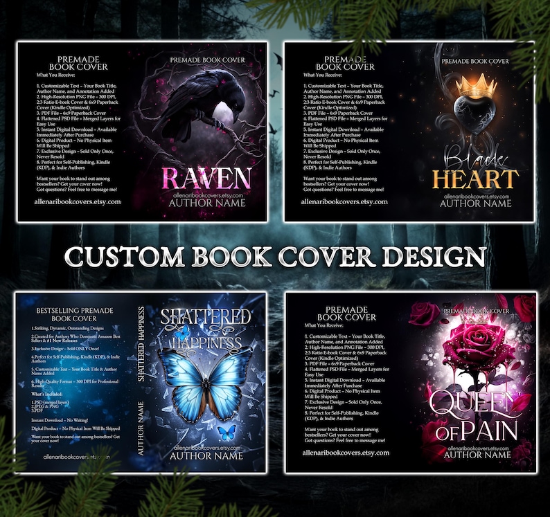 Puede incluir: Cuatro portadas de libros prefabricadas con temas de fantas&iacute;a oscura. Las portadas presentan un cuervo, un coraz&oacute;n negro con una corona, una mariposa y una rosa. Cada portada incluye el t&iacute;tulo del libro, el nombre del autor y una lista de las caracter&iacute;sticas incluidas en la compra.