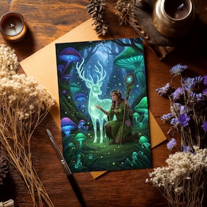Enchanting fantasy illustration featuring a druid girl kneeling in a magical forest, interacting with a glowing spirit deer. Lush nature colors, soft mystical light, story-rich digital painting ideal for book covers, fairytale art prints, OC character designs, and fantasy nature-themed illustrations.