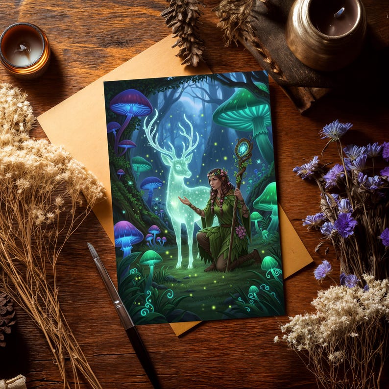 Enchanting fantasy illustration featuring a druid girl kneeling in a magical forest, interacting with a glowing spirit deer. Lush nature colors, soft mystical light, story-rich digital painting ideal for book covers, fairytale art prints, OC character designs, and fantasy nature-themed illustrations.