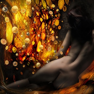 Danae, Bitcoin Rain: 100% human-made, abstract print on canvas, 60 x 40 inches, stretched and ready to hang