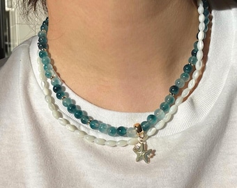 14k Personalized Beaded Charm Necklace, Blue Jade Necklace, Starfish Charm Pendant, Ocean Inspired Beach Necklace, Customizable Gift for Her