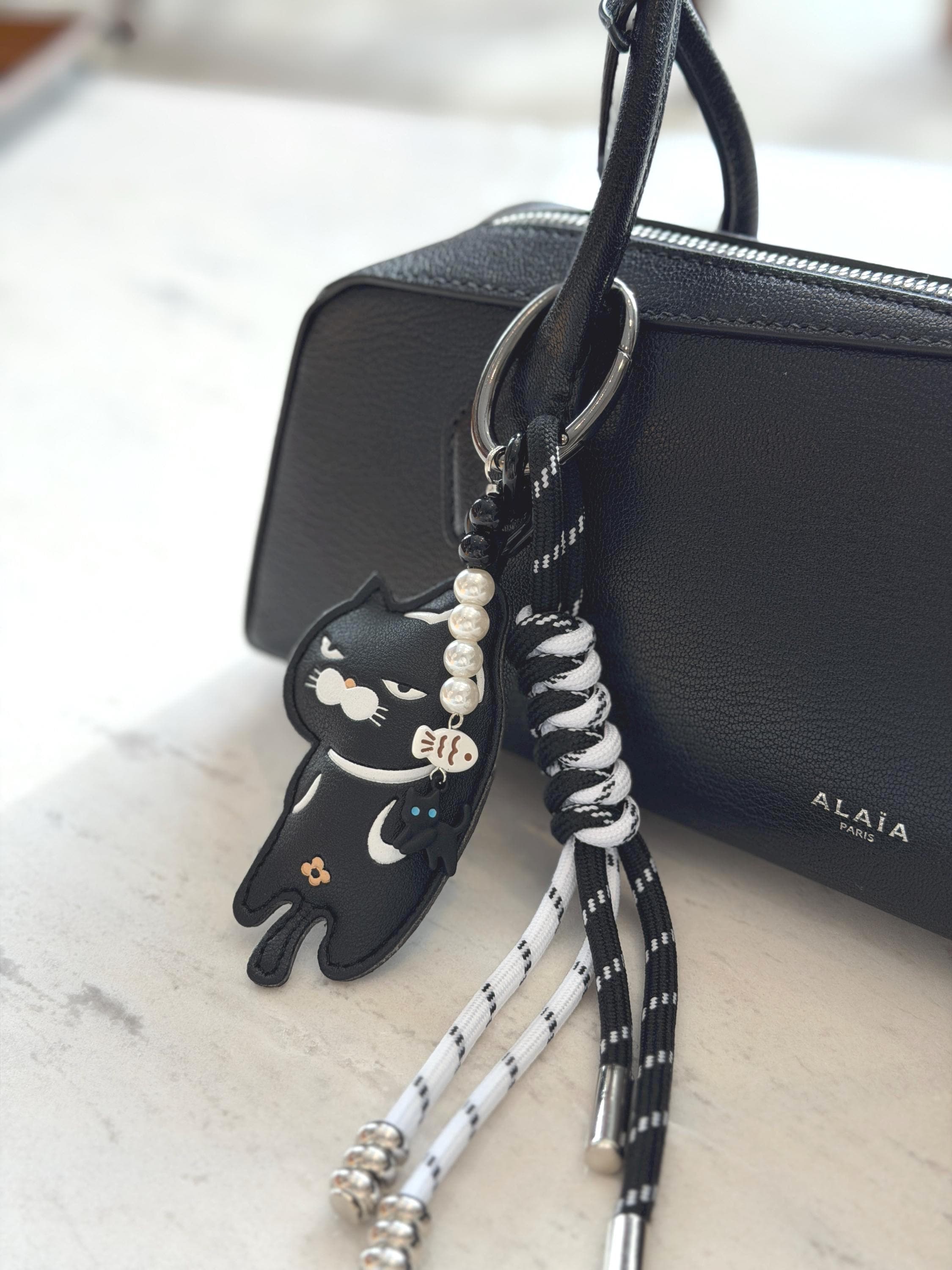 Handmade Black Cat Leather Bag Charm, Cute Cat Keychain With Pearl