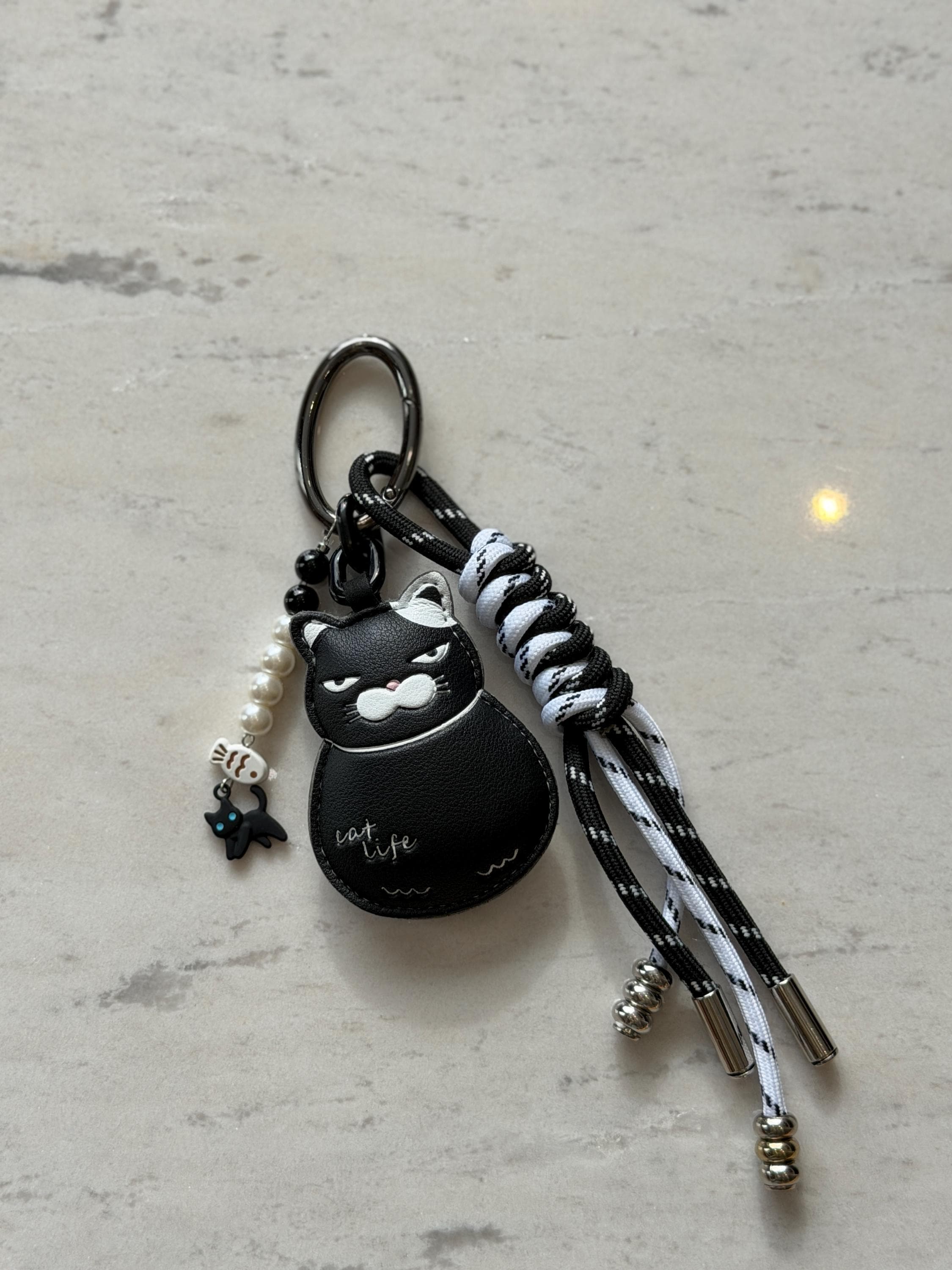 Handmade Black Cat Leather Bag Charm, Cute Cat Keychain With Pearl