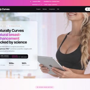 Könnte beinhalten: Eine Website-Landingpage für "Naturally Curves" mit einer Frau, die ein Tablet hält. Die Seite bewirbt "Natürliche Brustvergrößerung, unterstützt durch Wissenschaft". Der Text enthält "CupOptimizer PRO" und Kundenbewertungen. Das Farbschema ist rosa und lila.