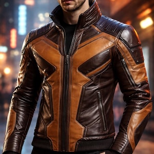 May include: A brown and tan leather jacket with a high collar and a zipper closure. The jacket has a ribbed hem and cuffs, and features a geometric design on the chest and shoulders. The jacket is worn over a black shirt.