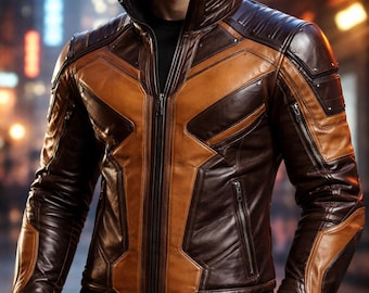 Cyberpunk Tactical Leather Jacket Men Orange Brown Angular Geometric Military Pilot Futuristic Biker Genuine Leather Costume