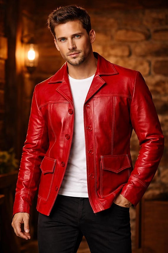 Brad Pitt Fight Club Tyler Durden Red Leather Jacket | White