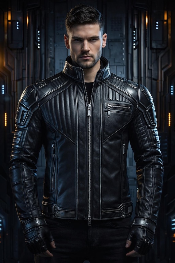 Cyberpunk Biker Leather Jacket Men – Matte Black Steampunk Armor Jacket, Futuristic 2077 Motorcycle Genuine Leather Coat
