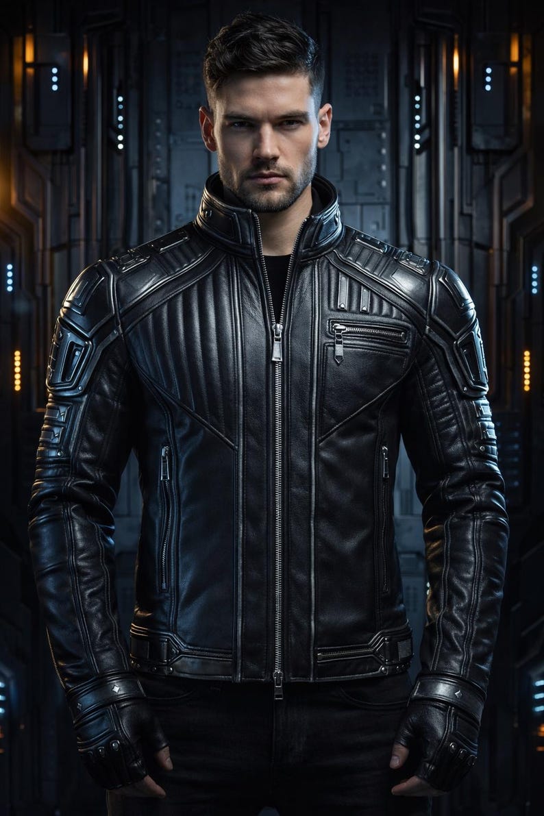 May include: Black leather jacket with a high collar and a zipper closure. The jacket features quilted panels, multiple pockets, and decorative metal accents on the shoulders and sleeves. A stylish outerwear piece.