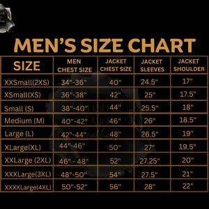 May include: A size chart for men's jackets, with measurements in inches. The chart includes sizes from XXSmall to XXXXLarge, detailing chest size, jacket chest size, sleeve length, and shoulder width.