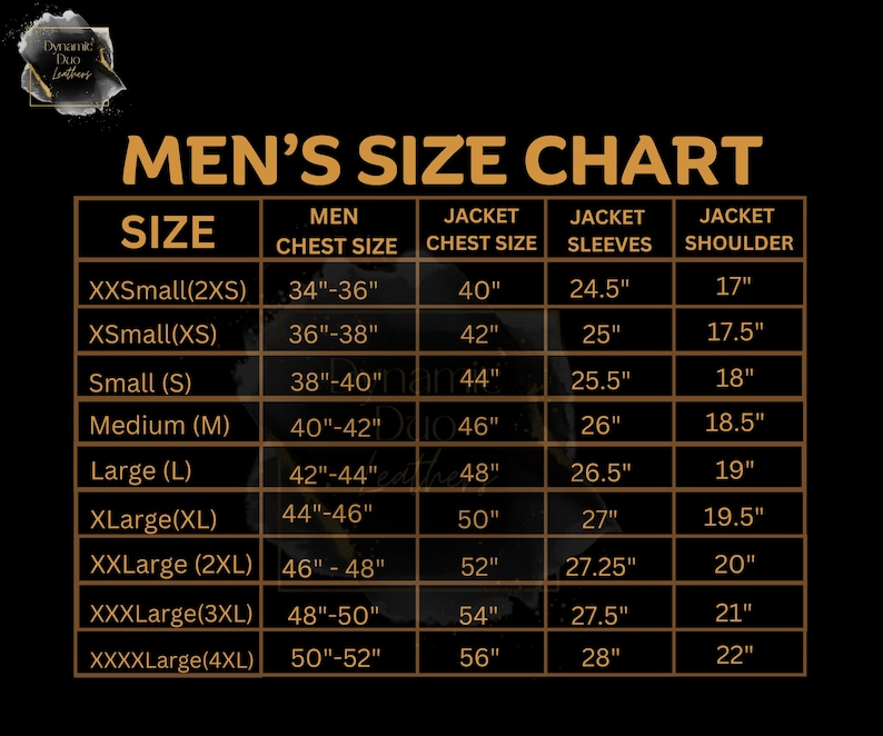 May include: A size chart for men's jackets, with measurements in inches. The chart includes sizes from XXSmall to XXXXLarge, detailing chest size, jacket chest size, sleeve length, and shoulder width.