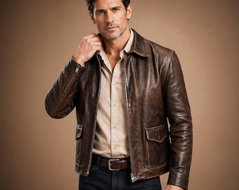 Men's Raiders of The Lost Ark Brown Leather Jacket | Harrison Ford Distressed Bomber Coat | Indiana Jones Movie Style Outerwear