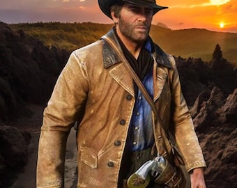 Western cowboy King Arthur Morgan leather trench coat, red dead redemption 2 handmade wax tan brown cowhide leather streetwear coat costume