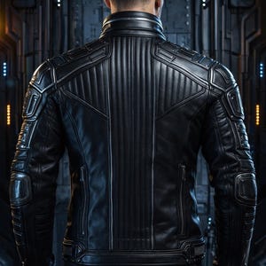 May include: Black leather jacket with quilted and ribbed detailing. The jacket features a stand-up collar, zippered pockets, and reinforced shoulder and elbow patches. The back view showcases the jacket's intricate design and stitching, suggesting a futuristic or tactical aesthetic.