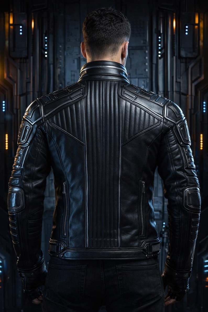 May include: Black leather jacket with quilted and ribbed detailing. The jacket features a stand-up collar, zippered pockets, and reinforced shoulder and elbow patches. The back view showcases the jacket's intricate design and stitching, suggesting a futuristic or tactical aesthetic.