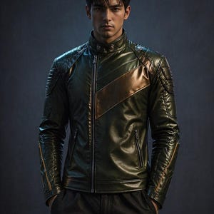 May include: A green and bronze leather jacket with a zip-up front. The jacket has a stand-up collar, quilted shoulder details, and a diagonal bronze stripe across the chest. The sleeves have gold accents, and the jacket has two front pockets.