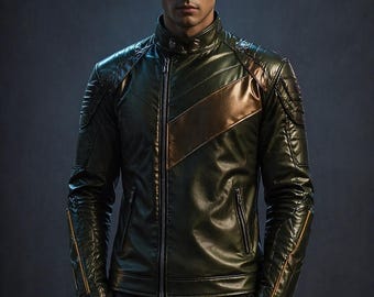 Futuristic 2077 Anime Inspired Moto Armor Jacket Men Dark Green Bronze Leather Cross Chest Panel Glow Lines Cyberpunk Streetwear