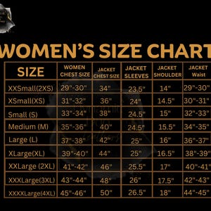 May include: A size chart for women's jackets, with measurements in inches. The chart includes sizes from XXSmall to XXXXLarge, detailing chest size, jacket chest size, sleeve length, shoulder width, and waist measurements.