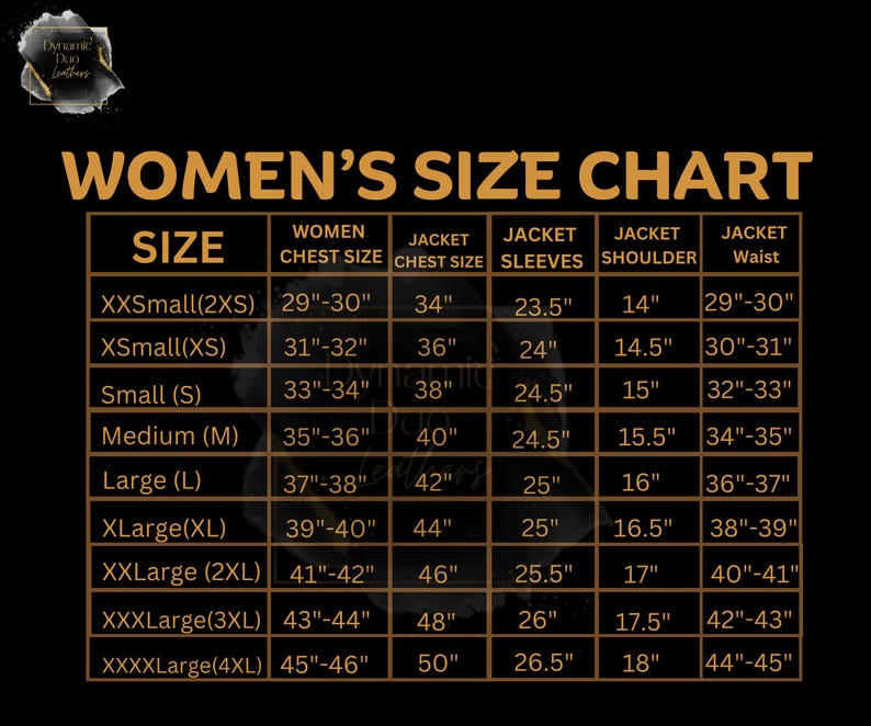 May include: A size chart for women's jackets, with measurements in inches. The chart includes sizes from XXSmall to XXXXLarge, detailing chest size, jacket chest size, sleeve length, shoulder width, and waist measurements.