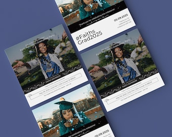 May include: A graduation party invitation with a black and white design. The invitation features a photo of a graduate in a cap and gown, confetti, and the text "#Faiths Grad2025" and "Thank you for celebrating this milestone!" The invitation also includes the date "05.09.2025" and the text "Thank you for celebrating this milestone with me".