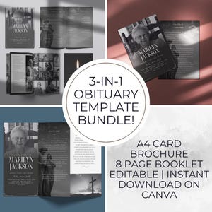 May include: A 3-in-1 obituary template bundle for Canva. Includes a card, brochure, and 8-page booklet. Editable and instant download.