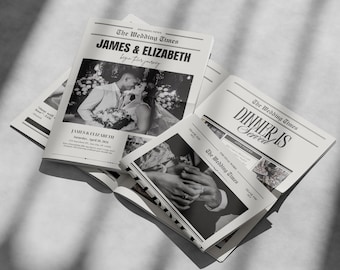 May include: Black and white wedding announcement newspaper design with the headline "The Wedding Times" and the text "JAMES & ELIZABETH begin their journey". The newspaper also includes a photo of the couple and the text "DINNER IS Served".