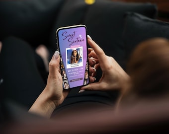 May include: A smartphone displays a Sweet Sixteen invitation with a photo of a young woman. The screen features a purple and blue gradient background, the text "Sweet Sixteen", and event details. The phone is held by a person.