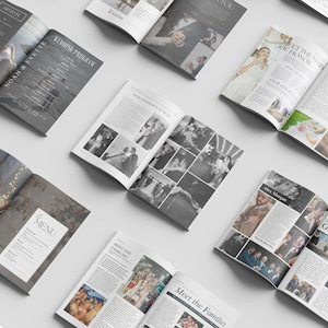 May include: A wedding magazine with a black and white photo collage of the bride and groom dancing. The magazine includes sections for the wedding program, drink menu, and meet the families.