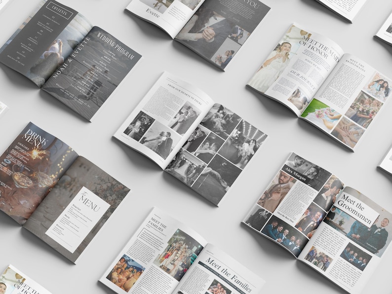 May include: A wedding magazine with a black and white photo collage of the bride and groom dancing. The magazine includes sections for the wedding program, drink menu, and meet the families.
