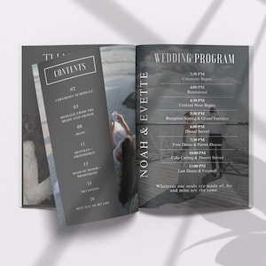 May include: A wedding program with a black and white design. The program includes the wedding schedule, a message from the bride and groom, and a list of the bridal party. The program also includes a quote about love.