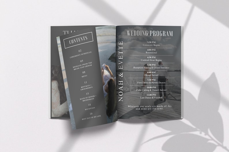 May include: A wedding program with a black and white design. The program includes the wedding schedule, a message from the bride and groom, and a list of the bridal party. The program also includes a quote about love.