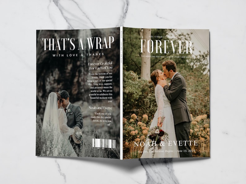 May include: A wedding magazine cover with a photo of a couple kissing in a forest. The text on the cover reads "Forever" and "The Day Our Forever Begins June 15, 2024".
