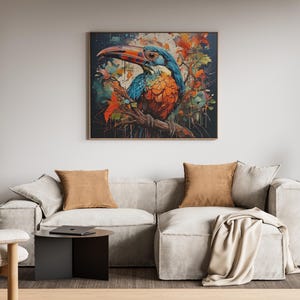 May include: A colorful painting of a toucan with a large beak, perched on a branch with green leaves. The toucan is painted in shades of blue, orange, and yellow, with a black beak and white eyes. The background is a blurred watercolor wash of green, blue, and orange.