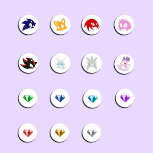 Op de afbeelding: Een set van 12 ronde stickers met personages uit de Sonic the Hedgehog videogame-franchise. De stickers tonen Sonic, Tails, Knuckles, Shadow, Amy, Silver, Blaze en de zeven Chaos Emeralds.