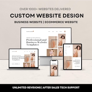 Pode incluir: Uma maquete digital que mostra um design de site personalizado em vários dispositivos: um laptop, um monitor de mesa, um tablet e um smartphone. O design inclui o texto "CUSTOM WEBSITE DESIGN" e "BUSINESS WEBSITE | ECOMMERCE WEBSITE". A imagem também indica "OVER 1000+ WEBSITES DELIVERED".