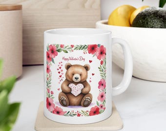 バレンタインデーの陶器マグカップ、ハートを持ったクマ、彼/彼女への愛の贈り物、かわいい磁器カップ、バレンタインデーの贈り物、コーヒーマグ、ティーカップ