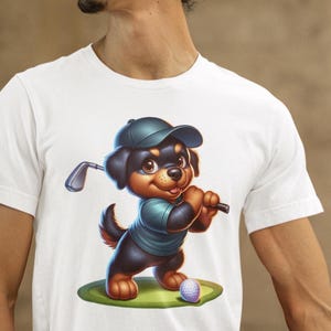 Cute Cartoon Rottweiler Golf Tee Shirt, Funny Golf Dog Tshirt, Unisex Cotton Tee, Golf Lover Gift, Animal Graphic Tee, Sports Tee Shirt
